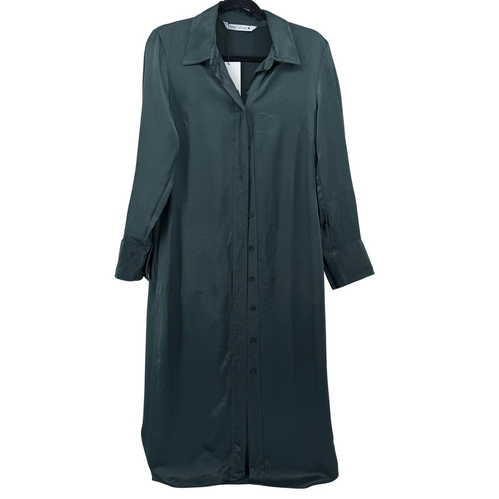Zara Forest Green Satin Midi Shirt Dress Long Sleeve Button Front 2315/423/500 S